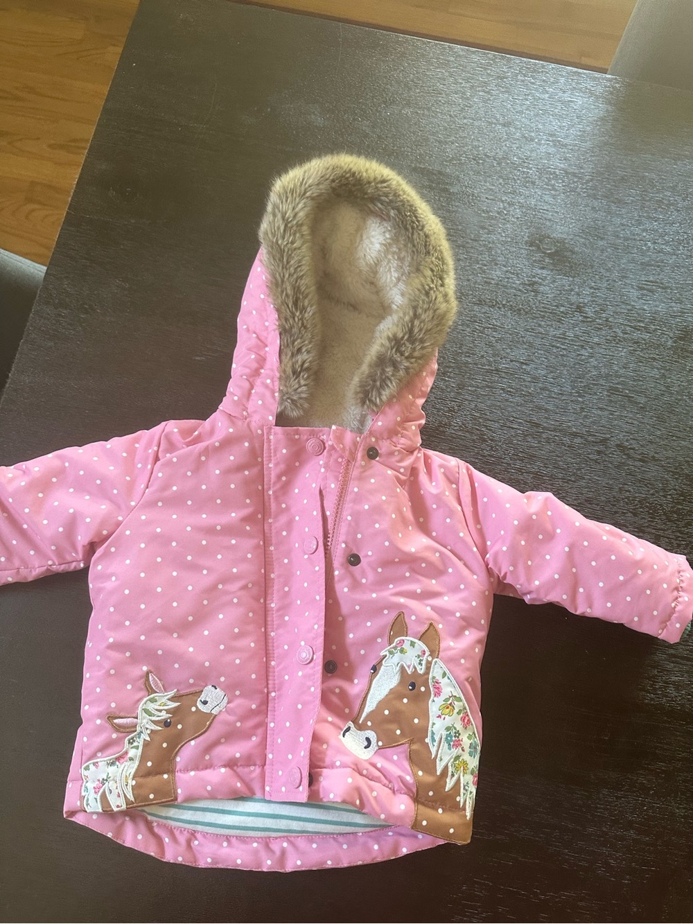 Baby Boden Pink Polka Dot Hooded Coat with Horse Appliqués